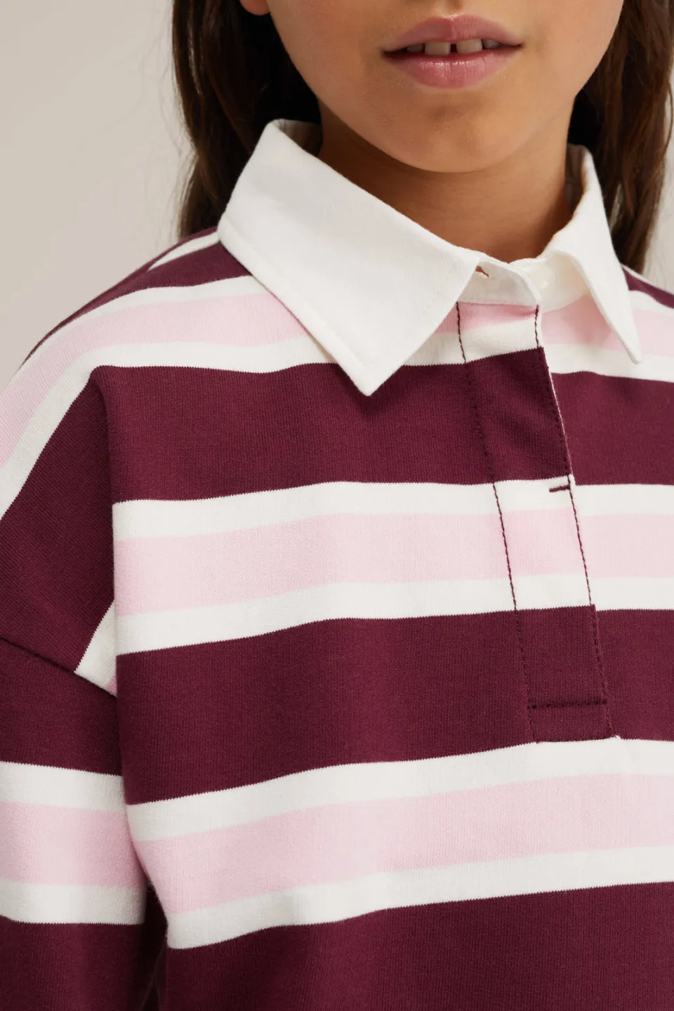 WE Fashion gestreepte longsleeve met polokraag donkerrood donkerrood/roze/wit, foto 6