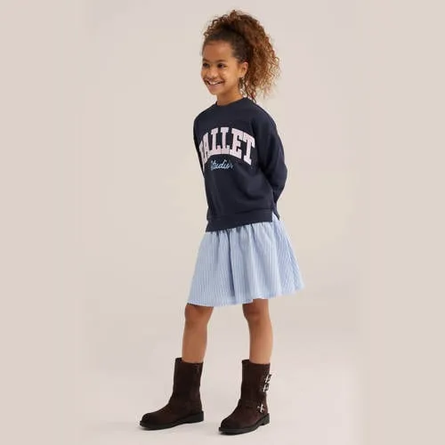 WE Fashion gestreepte sweatjurk met tekst donkerblauw donkerblauw/lichtblauw, foto 3