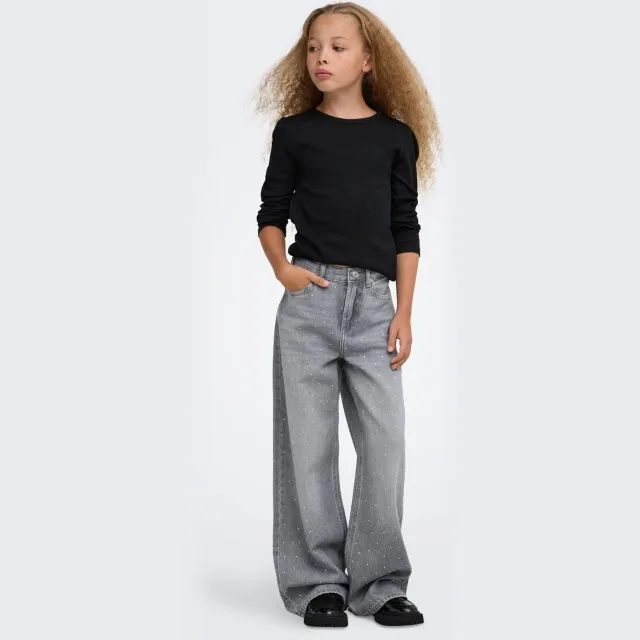 Only KIDS ONLY GIRL KOGCOBAIN wide leg jeans met strass-steentjes - grijs Grey denim