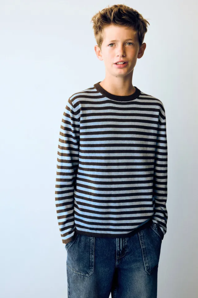 Mango Kids gestreepte longsleeve donkerbruin Donkerbruin/lichtblauw