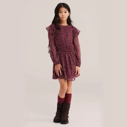 WE Fashion korte jurk met ruches donkerrood donkerrood/ecru, foto 3