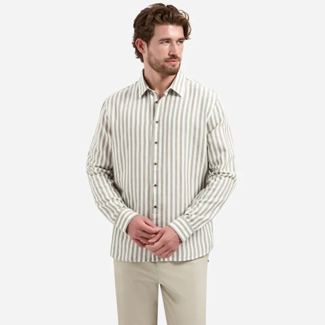 No Excess Overhemd Vertical Big Stripe With Linen Taupe