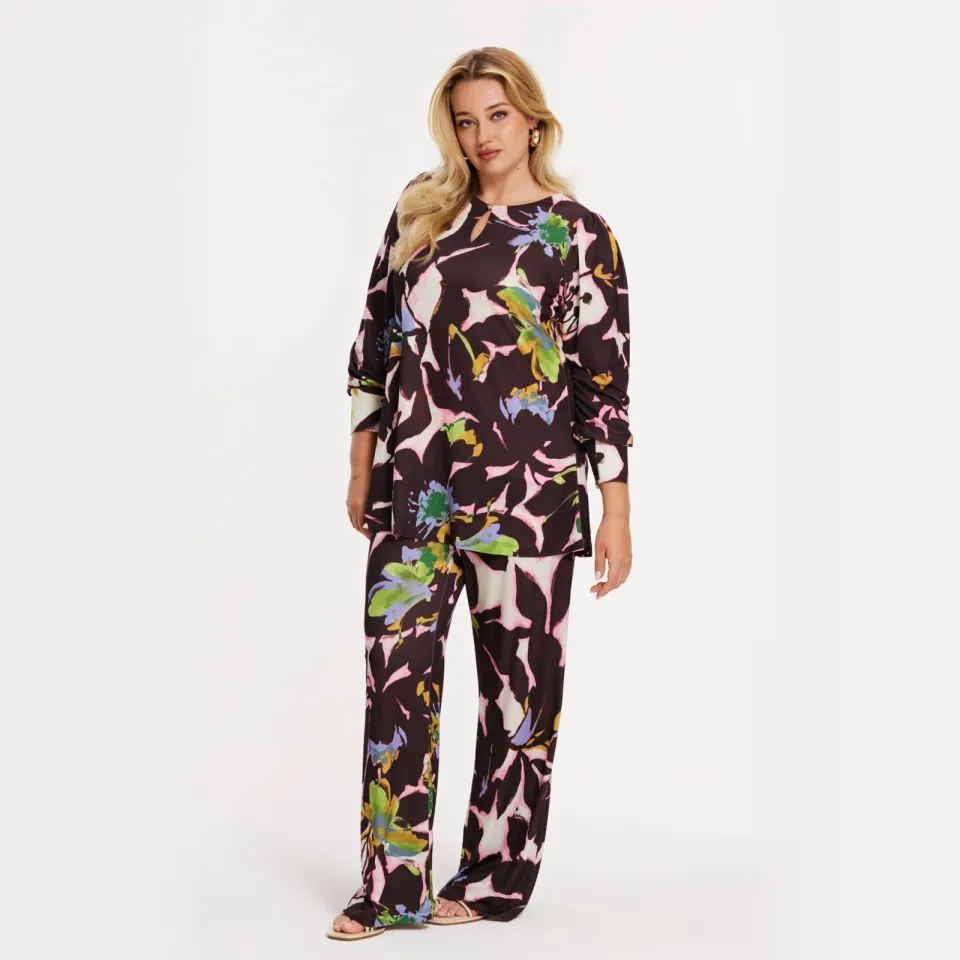 Yoek Elodea wide leg broek donkerrood Donkerrood/roze/groen