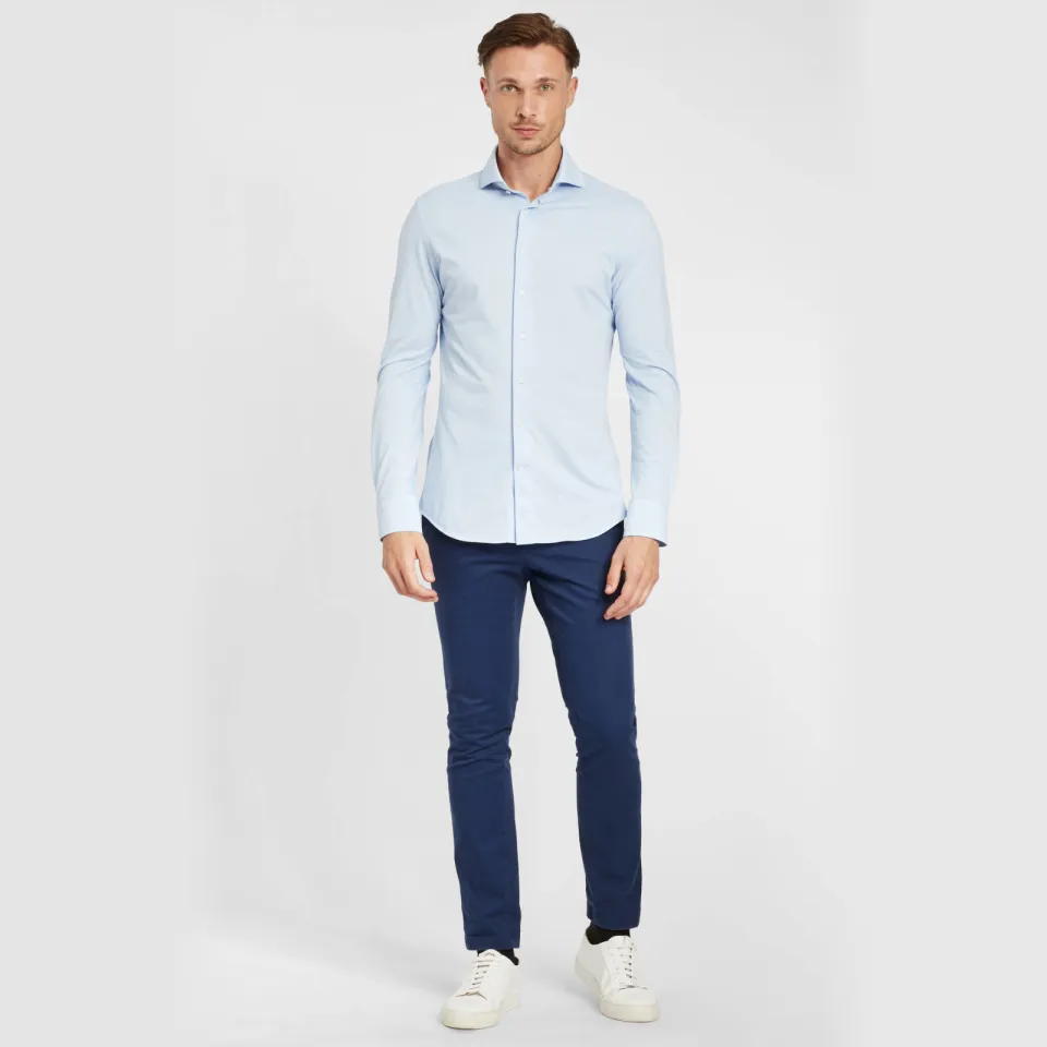 Profuomo gebreid slim fit strijkvrij overhemd blauw, foto 3