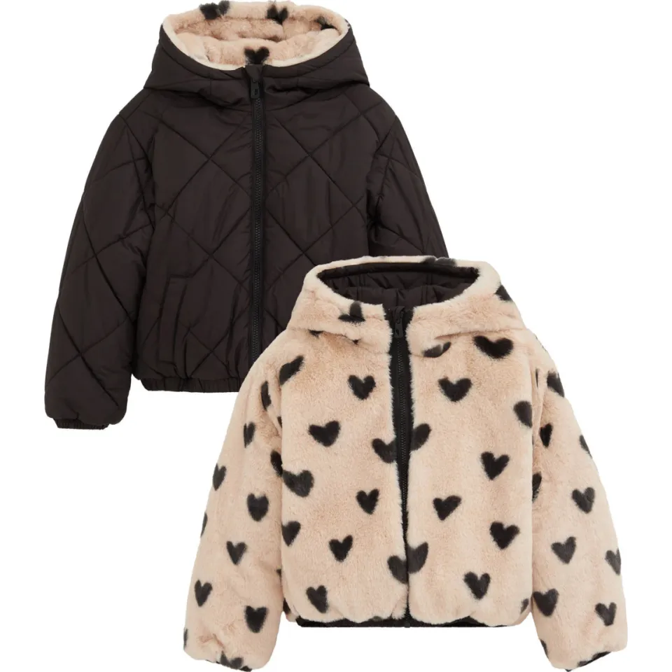 WE Fashion winterjas imitatiebont met hartjes zwar/offwhite, foto 2
