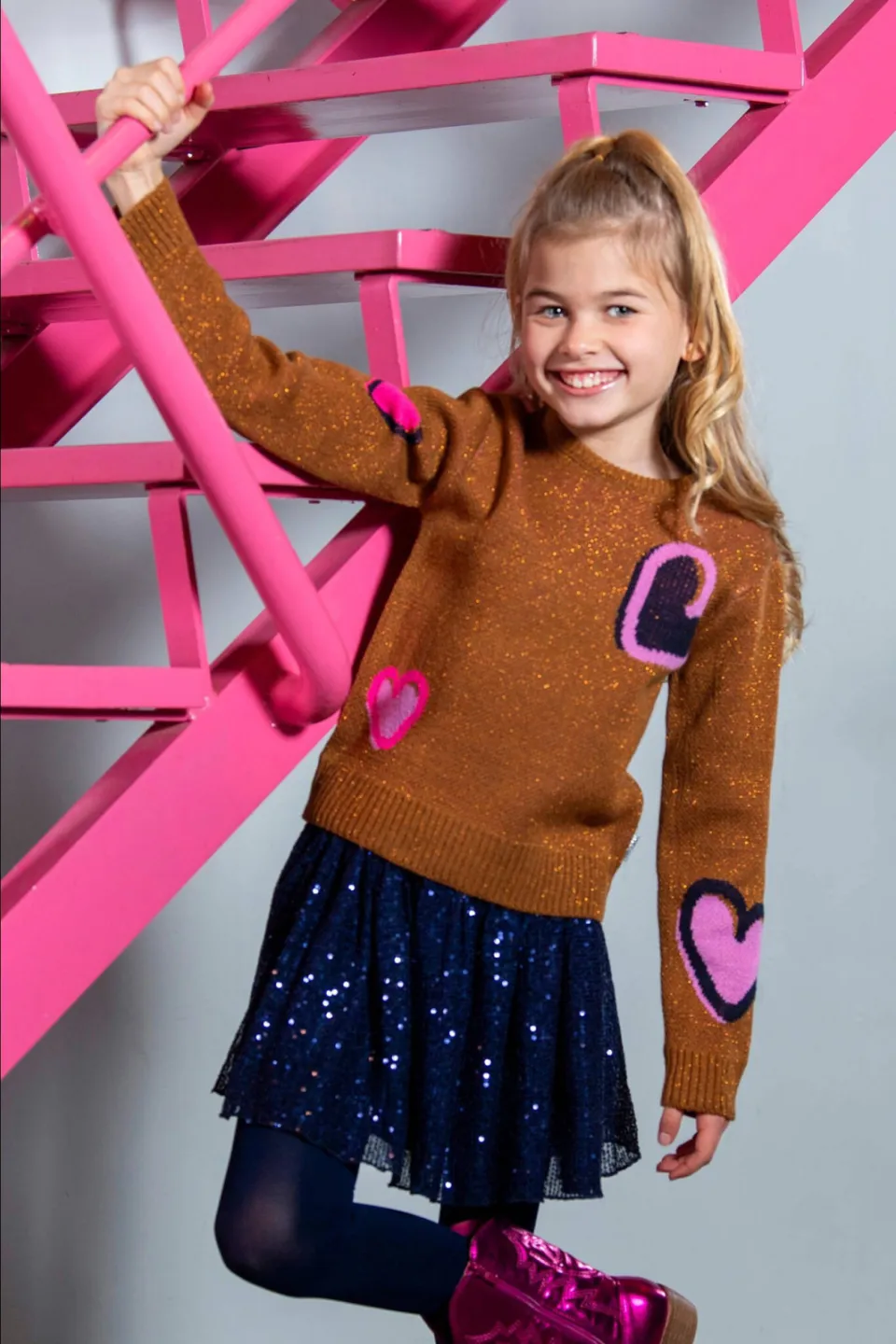 B.Nosy trui bruin met glitter Meisjes Polyamide Ronde hals Hartjes, foto 4