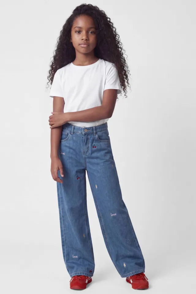 NAME IT KIDS NKFROSE wide leg jeans met borduursels en print - mediumblauw Medium Blue