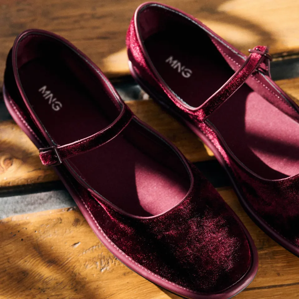 Mango TEEN fluwelen ballerina's - donkerrood, foto 7