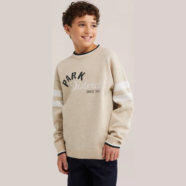 WE Fashion gebreide gestreepte trui met tekst - beige