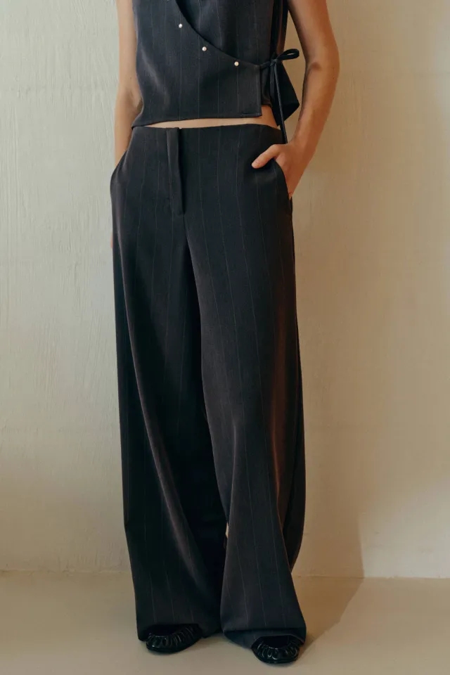 Mango wide leg pantalon met krijtstreep grijs, foto 4