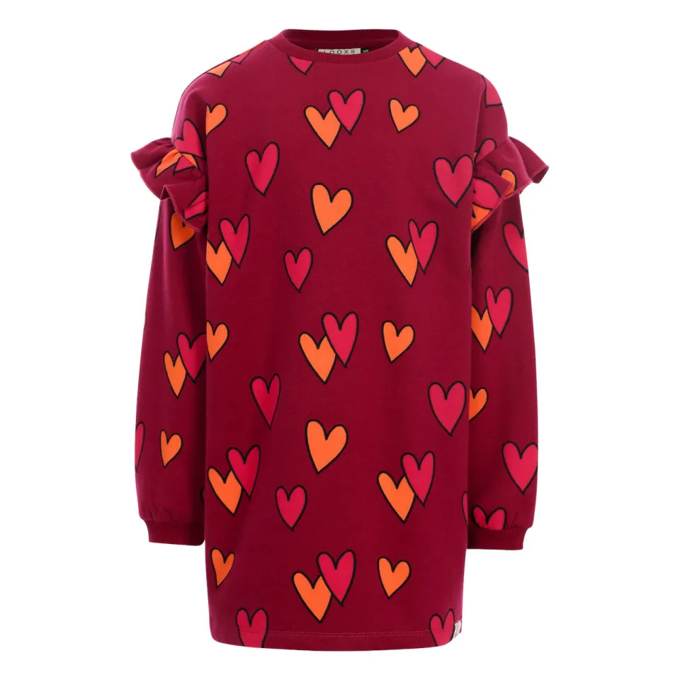 LOOXS little sweatjurk met ruches en hartjes donkerrood, foto 3
