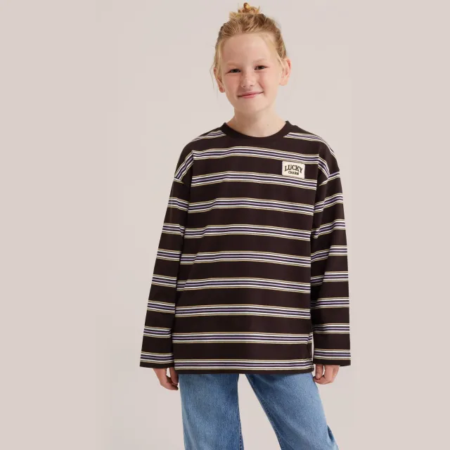 WE Fashion gestreepte longsleeve donkerbruin Donkerbruin/paars/geel