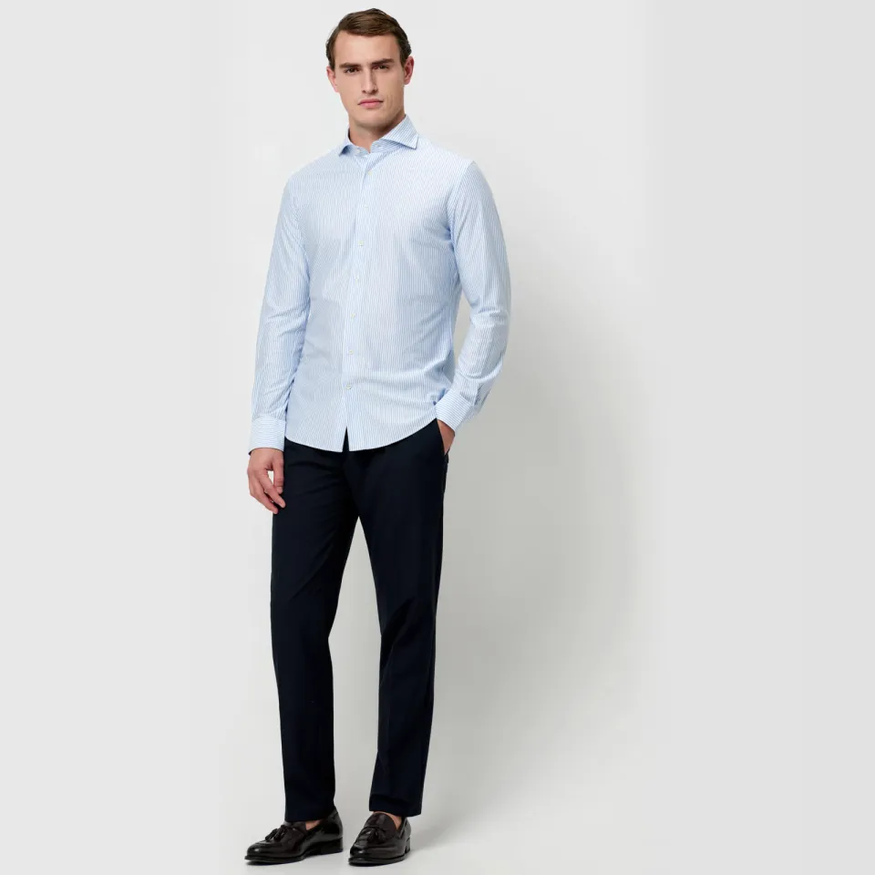 Profuomo Japanese Knitted Slim Fit Jersey overhemd blauw gestreept