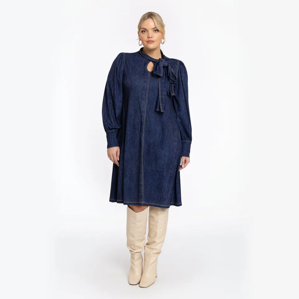 Yoek jurk met strik denim donkerblauw, foto 2