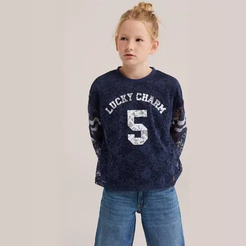 WE Fashion longsleeve met kant en tekst donkerblauw donkerblauw/wit, foto 3