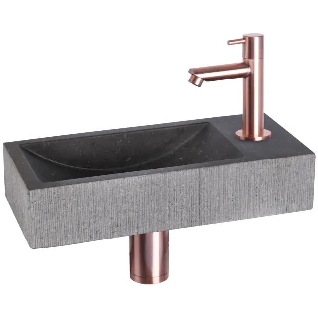 Differnz Fonteinset Differnz Ribble Natuursteen 38x18x8 cm Zwart Met Rechte Kraan Rood Koper