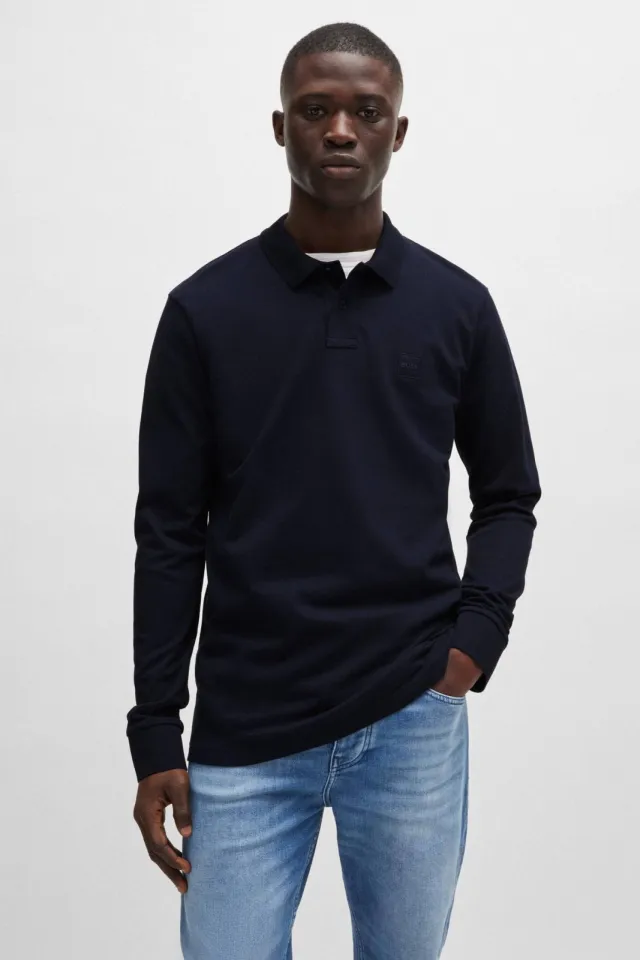 Boss slim fit polo Passerby met logo dark blue