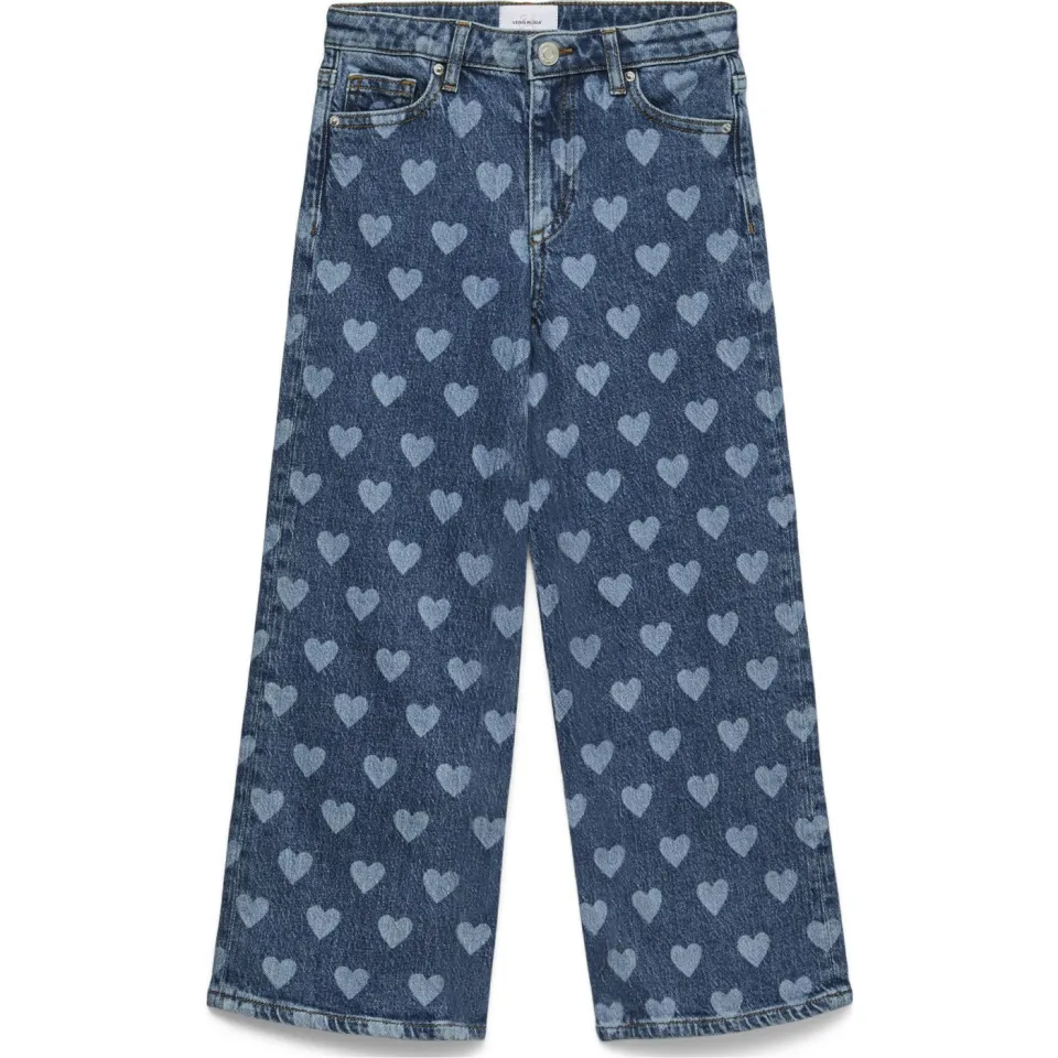 Vero Moda GIRL high waist wide leg jeans met hartjes medium blue denim, foto 2