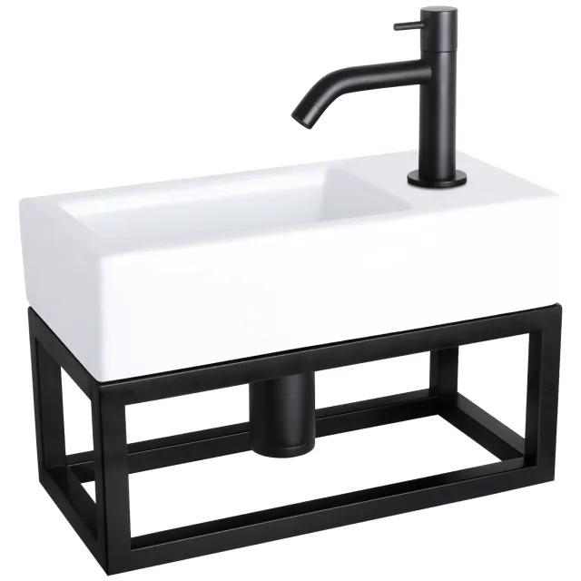 Fonteinset Differnz Ravo Keramiek Met Handoekrek 38.5x18.5x9 cm Wit Met Gebogen Kraan Mat Zwart