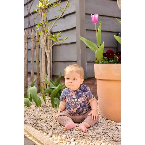 Dirkje T-shirt met bladprint donkerblauw Donkerblauw/bruin