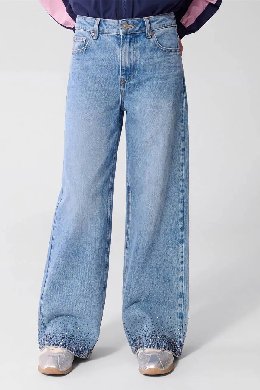 Shoeby wide leg jeans met strass-steentjes - medium blue denim, foto 4