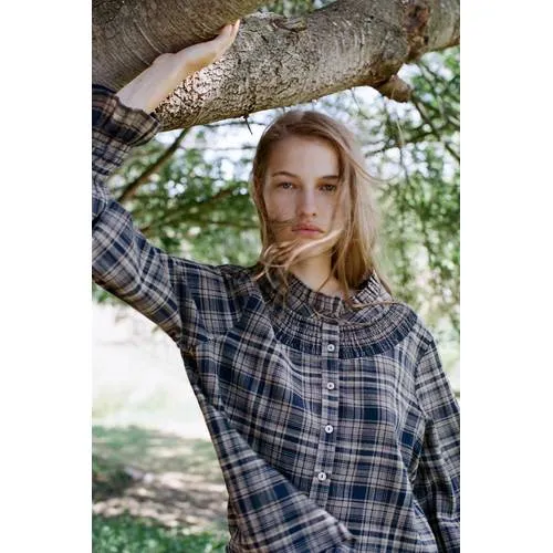 Mango geruite blouse met ruches donkerblauw, foto 6