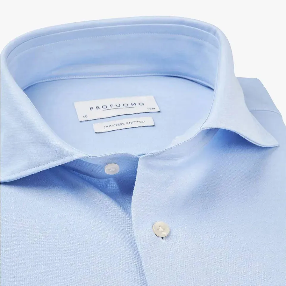 Profuomo gebreid slim fit strijkvrij overhemd blauw, foto 6