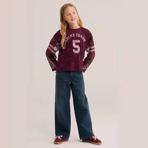 WE Fashion kanten longsleeve met tekst donkerrood donkerrood/roze, foto 4