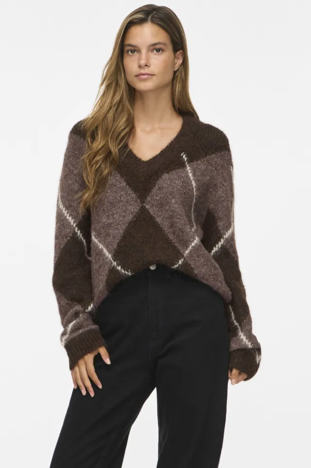 Vila Vitolise V-Neck L/S Check Knit Top/Tes gebreide jacquard trui - donkerbruin/bruin Donkerbruin/ bruin