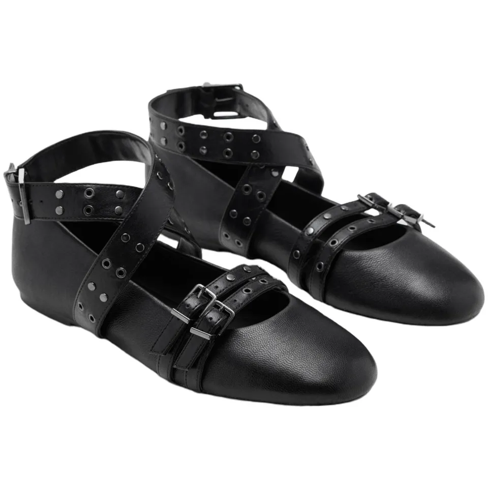 Mango TEEN leren ballerina's met studs - zwart, foto 6