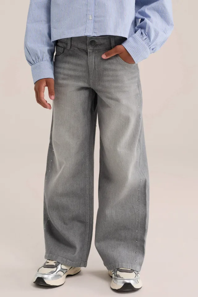 WE Fashion wide leg jeans met strass-steentjes grey denim, foto 4