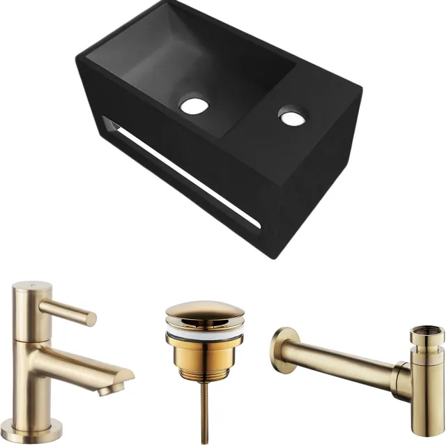 Boss & Wessing Fonteinset BWS Solid Surface Met Handdoekhouder Rechts Zwart Goud