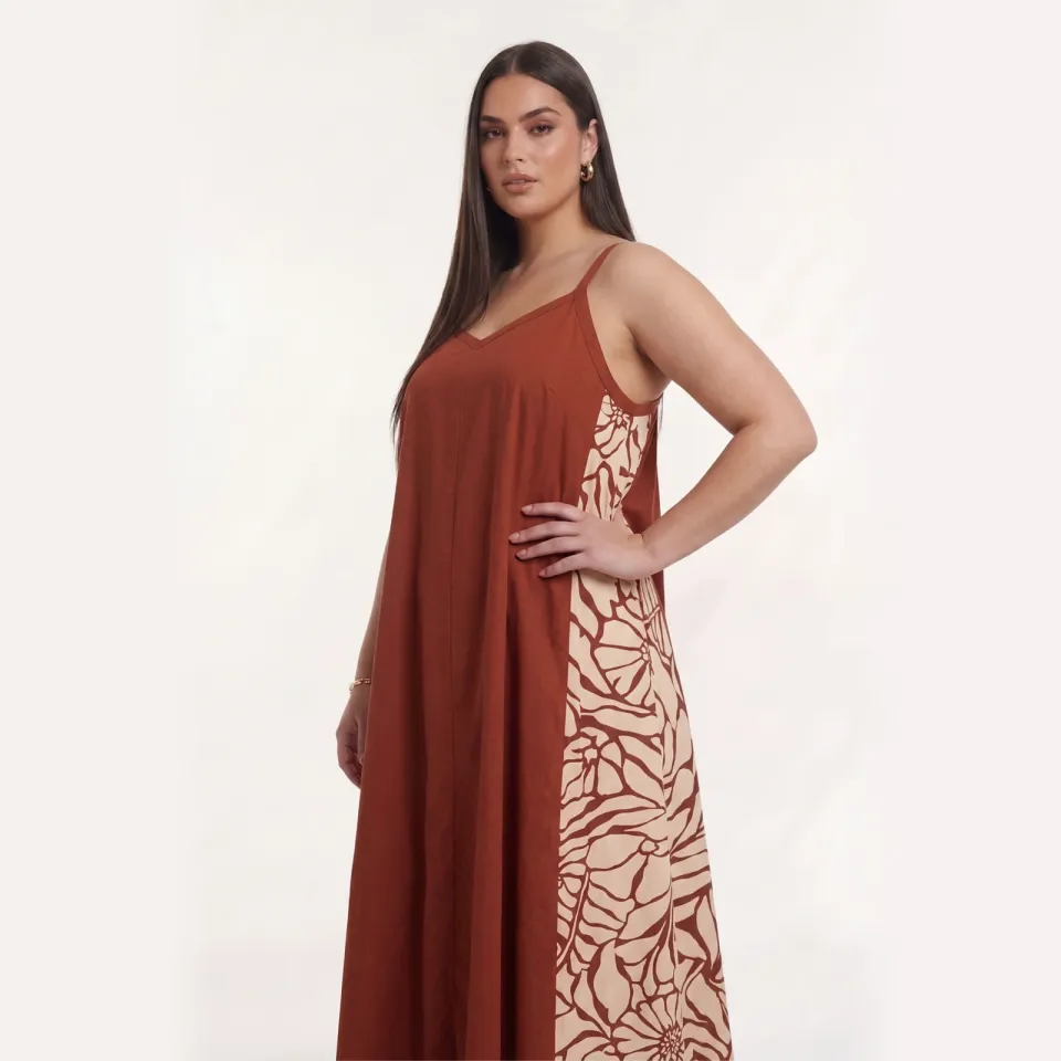 Yoek Swing maxi jurk baksteenrood bordeaux, foto 3