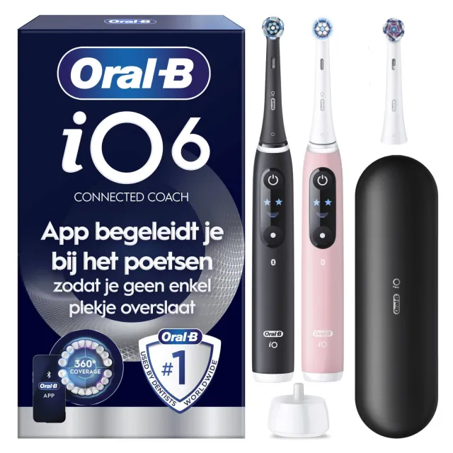 Oral-B iO 6 elektrische tandenborstels - dubbelpak - zwart en roze - 3 opzetborstels - premium reisetui