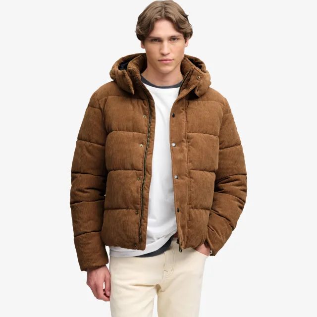 Superdry Premium Hood Cord Puffer corduroy winterjas donkerbruin Dark Tobacco Brown