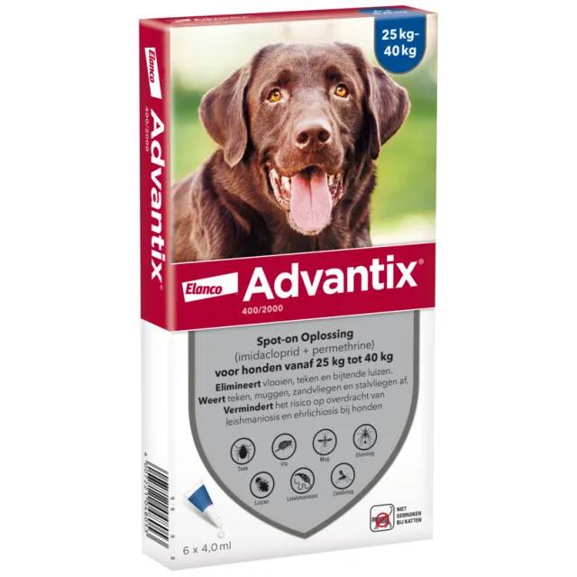 Advantix Spot On 400 Anti Vlooien en Teken Druppels Hond 25 - 40 kg 6 pipetten