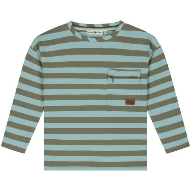 Stains&Stories gestreepte longsleeve lichtblauw kaki Lichtblauw/kaki
