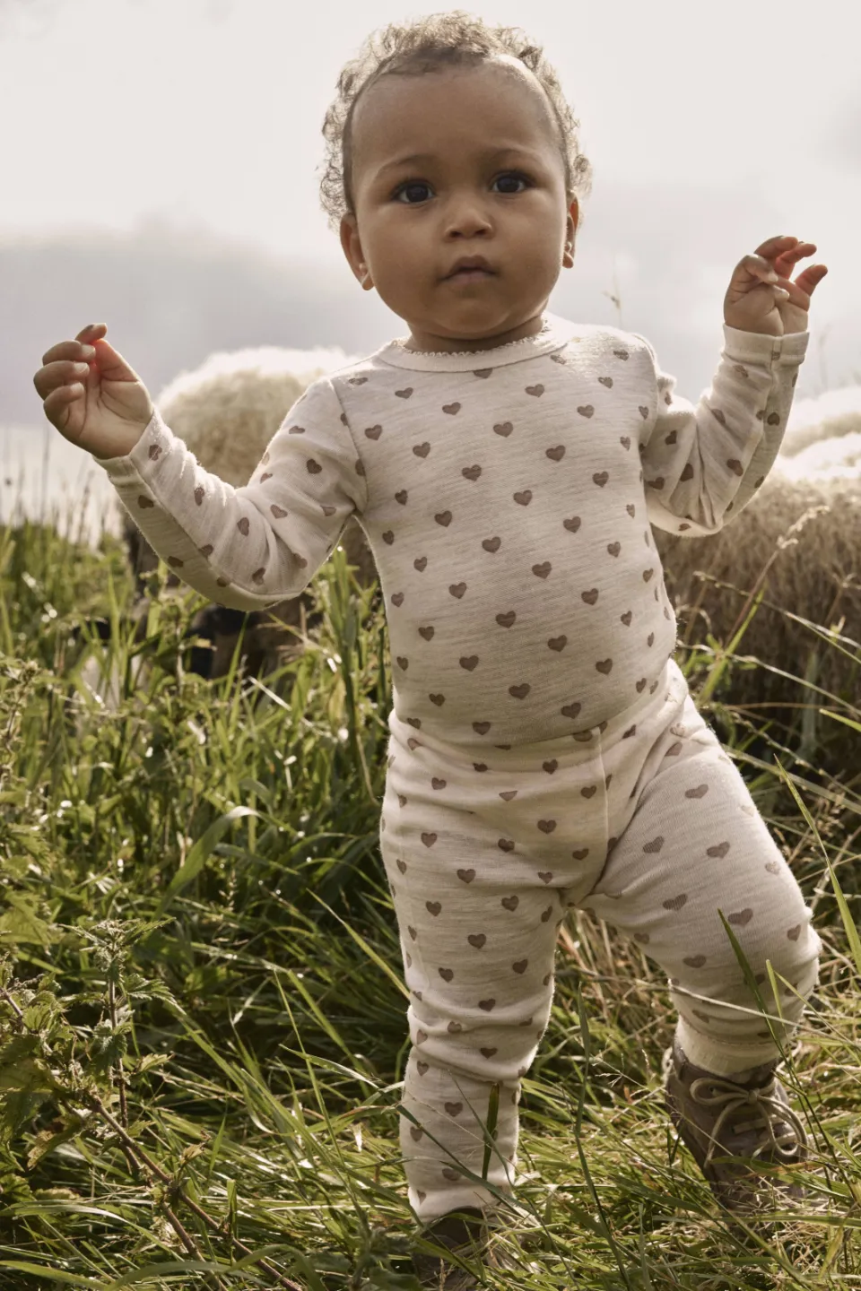 Lil' Atelier wollen legging met hartjesprint beige Beige/roze