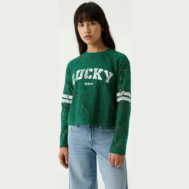 Garcia rechtvallende longsleeve groen Groen/wit