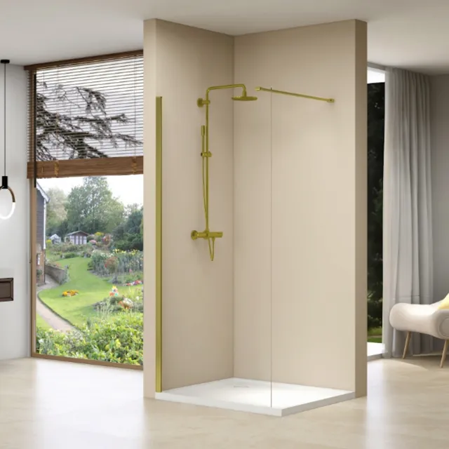 Van Rijn Inloopdouche Van Rijn Products Vaste Wand 140x200 cm Helder Glas Incl Stabilisatiestang en Gouden Muurprofiel