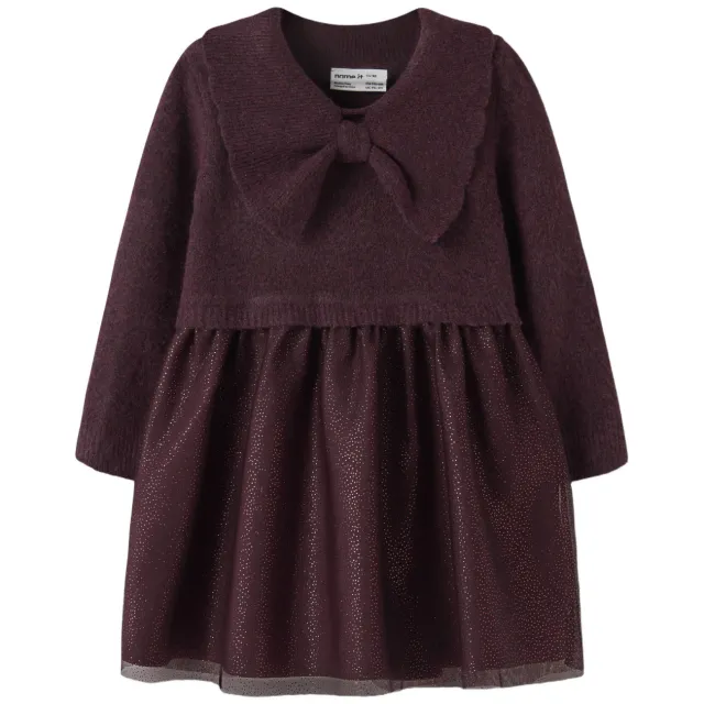 NAME IT MINI korte gebreide jurk met glitters - bordeauxrood