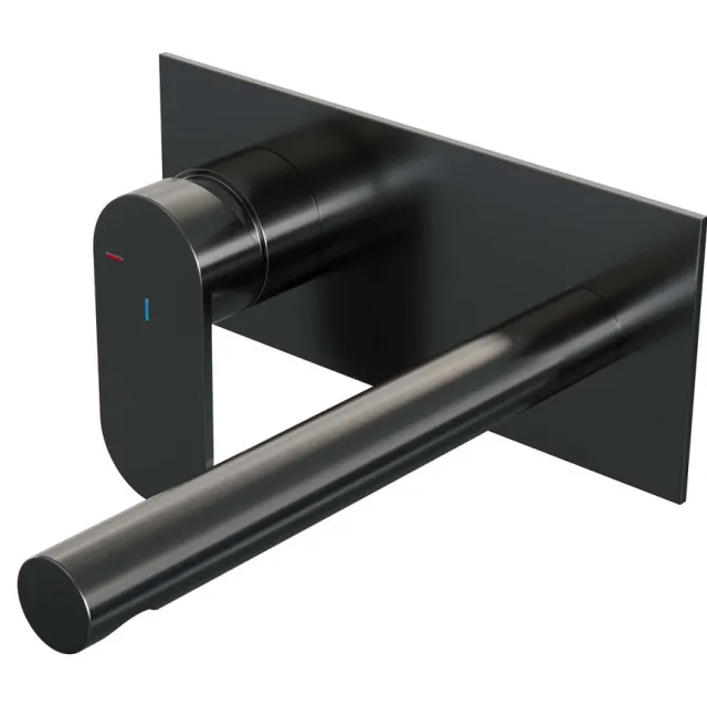 Brauer Inbouw Wastafelmengkraan Brauer Gunmetal Edition Coldstart Rechte Uitloop Platte Hendel Links Geborsteld Gunmetal PVD Met Afdekplaat