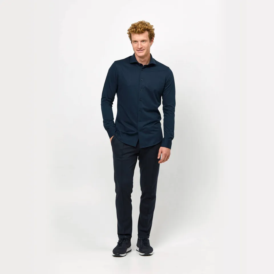 Profuomo slim fit strijkvrij overhemd met extra lange mouw navy, foto 3