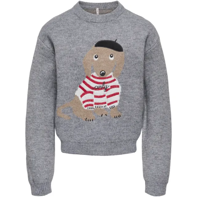 Only KIDS ONLY GIRL rechtvallende gebreide trui met print - grijs Grijs melange hond