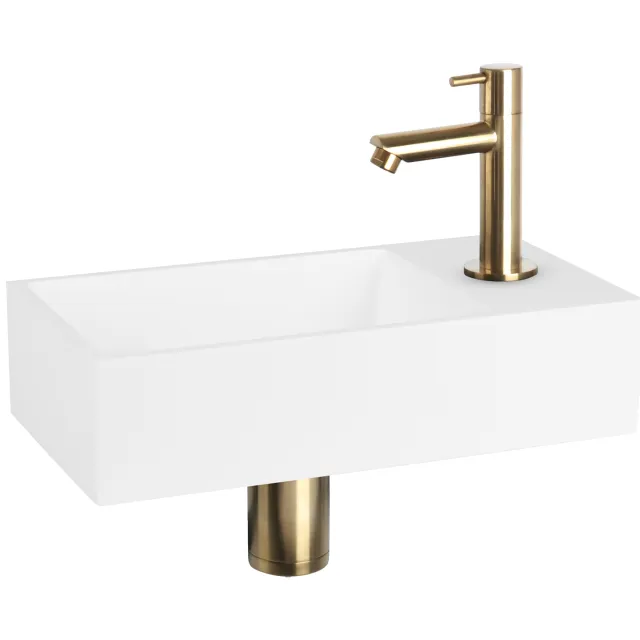 Fonteinset Differnz Solid Solid Surface 36x18.5x9 cm Wit Met Rechte Kraan Mat Goud