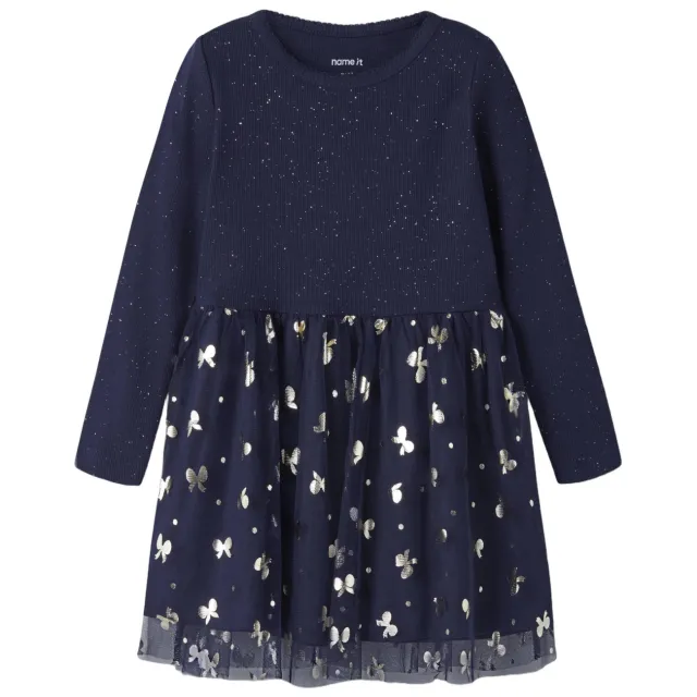 NAME IT MINI gebreide midi A-lijn jurk met print - marineblauw