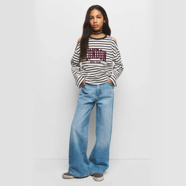 Mango Kids high wide leg jeans met strass-steentjes - blauw Medium blue denim