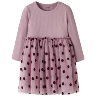 NAME IT MINI gebreide korte jurk met ruches en stippen roze