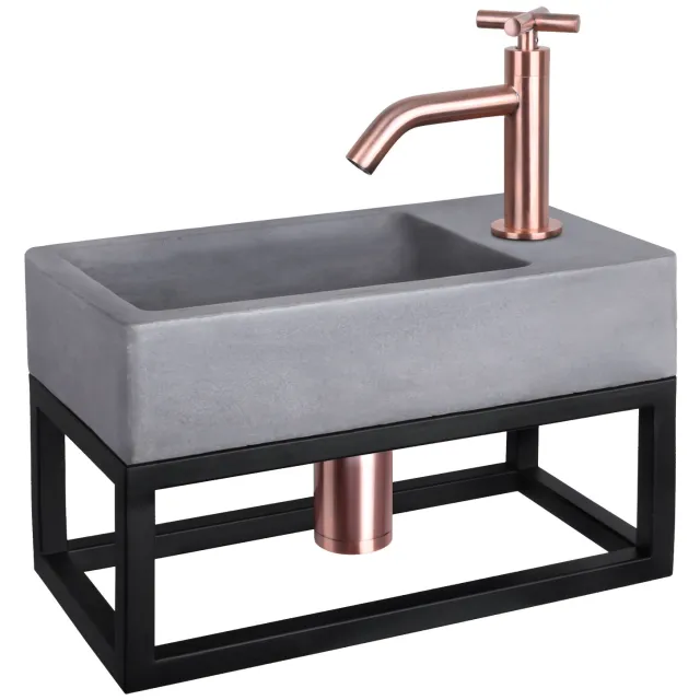 Differnz Fonteinset Differnz Force Beton en Handoekrek 40x22x9 cm Donker Grijs Met Gebogen Kruis Kraan Rood Koper