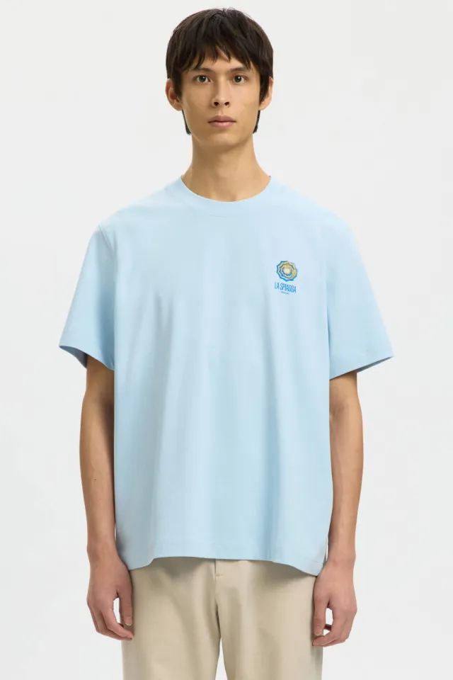 Selected regular T-shirt met backprint lichtblauw Skyway